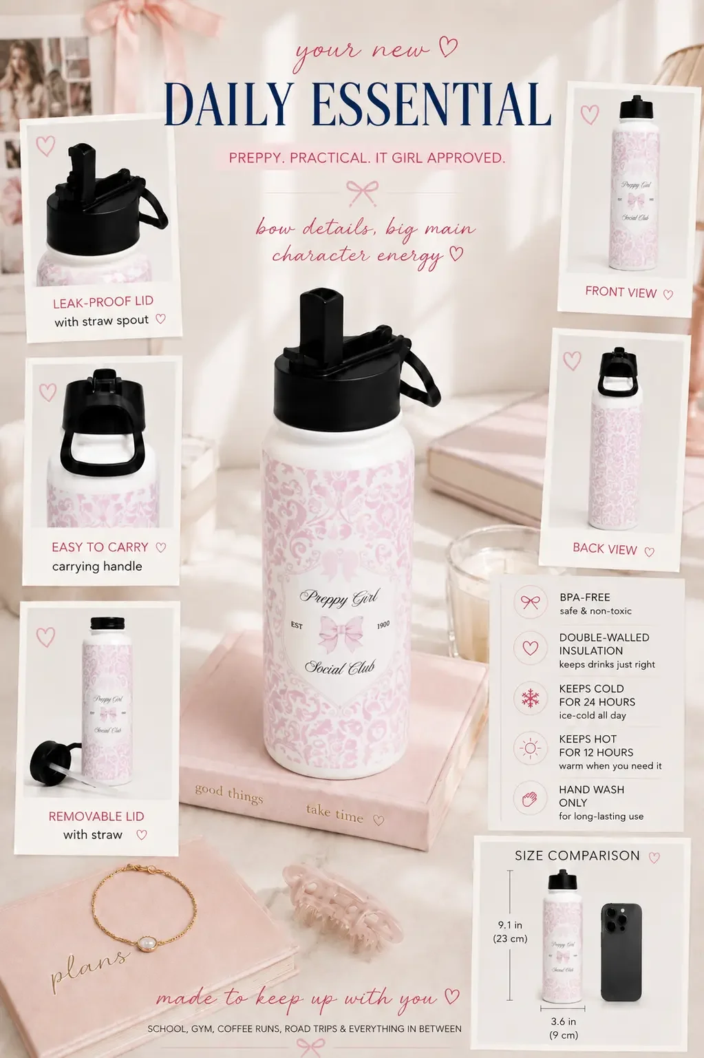 Product info chart showing dimensions, front and back views, lid options, and features of a pink damask tumbler.