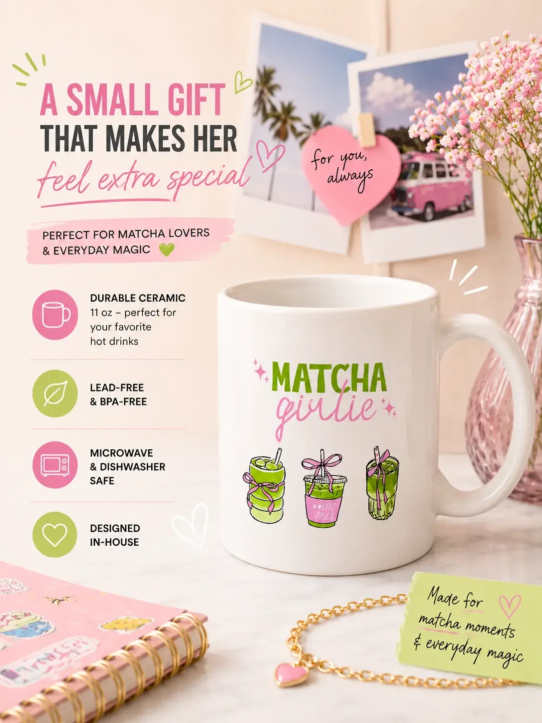 Matcha Girlie product infographic showcasing a ceramic mug with iced matcha latte drawings and microwave safe details.