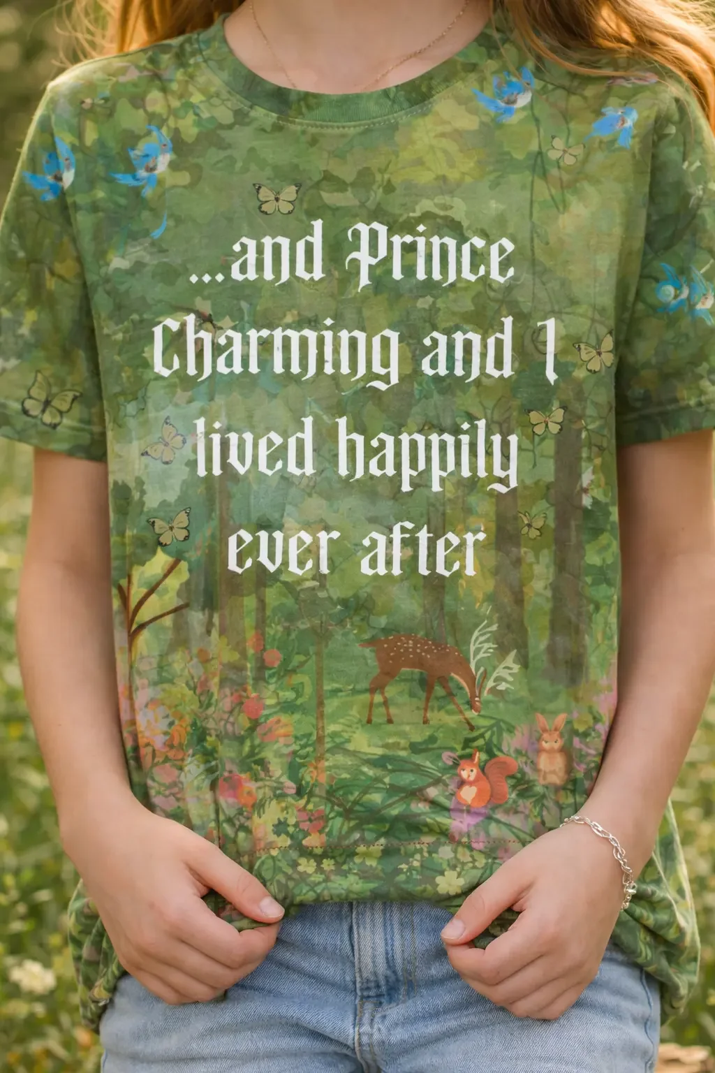 Close-up of a green t-shirt showing a fairytale forest pattern with deer, butterflies, and squirrels underneath white text reading "...and Prince Charming and I lived happily ever after".