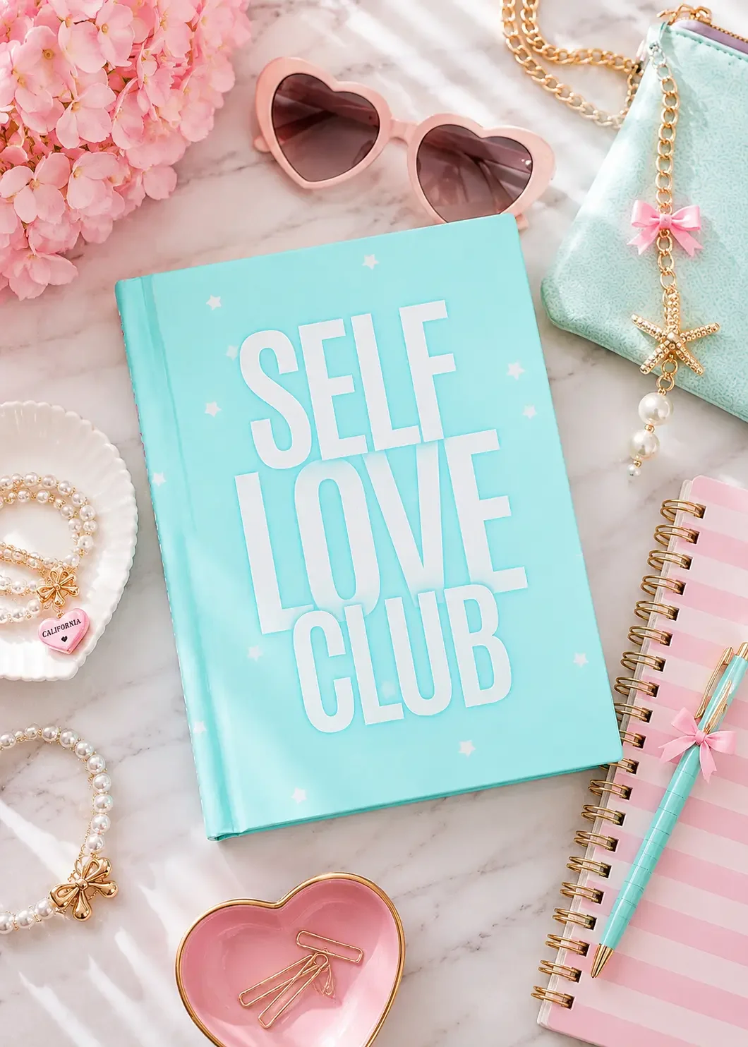 Flat lay of a mint green "Self Love Club" notebook on a marble desk with pink heart sunglasses, hydrangeas, and jewelry.