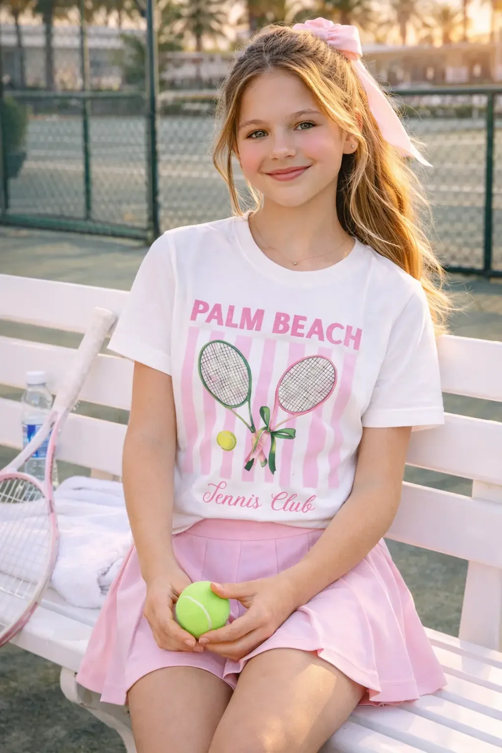 Smiling girl sitting on a court bench holding a tennis ball while wearing a white palm beach tennis club graphic t shirt and pink pleated skirt.