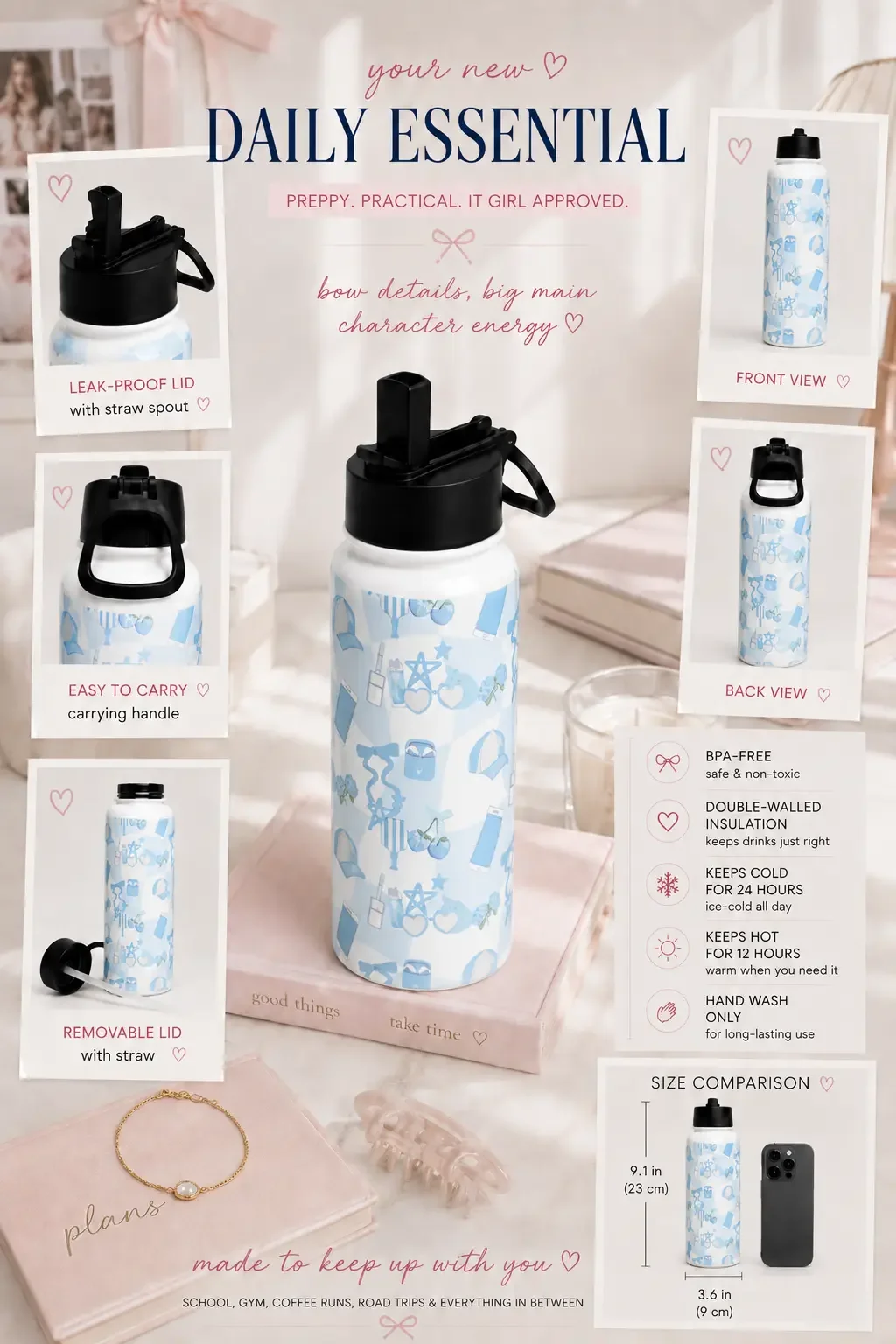 Product info chart showing size dimensions, front and back views, lid options, and features of a blue coquette tumbler.