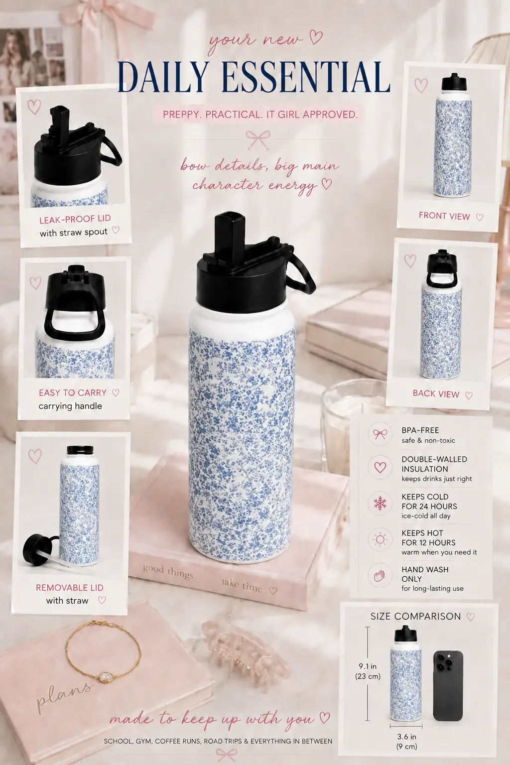 Infographic showcasing a blue floral water bottle's features, including its insulation, leakproof lid, and dimensions.