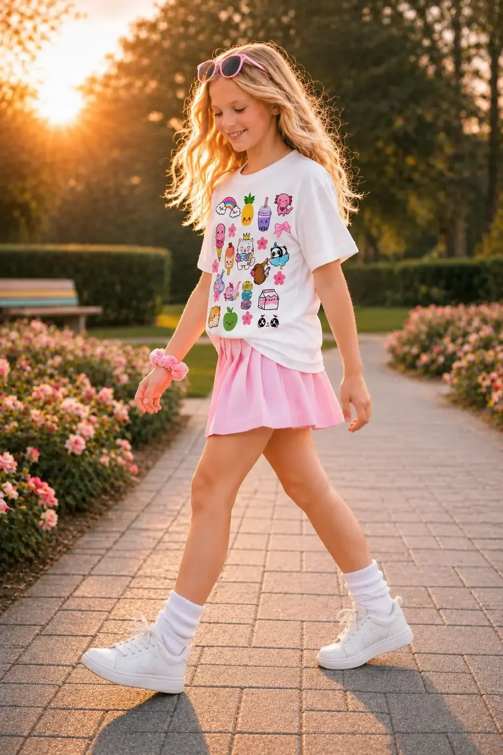 Side view of a young girl smiling on an outdoor path wearing a white tee with colorful kawaii doodles, a pink skirt, and white sneakers.