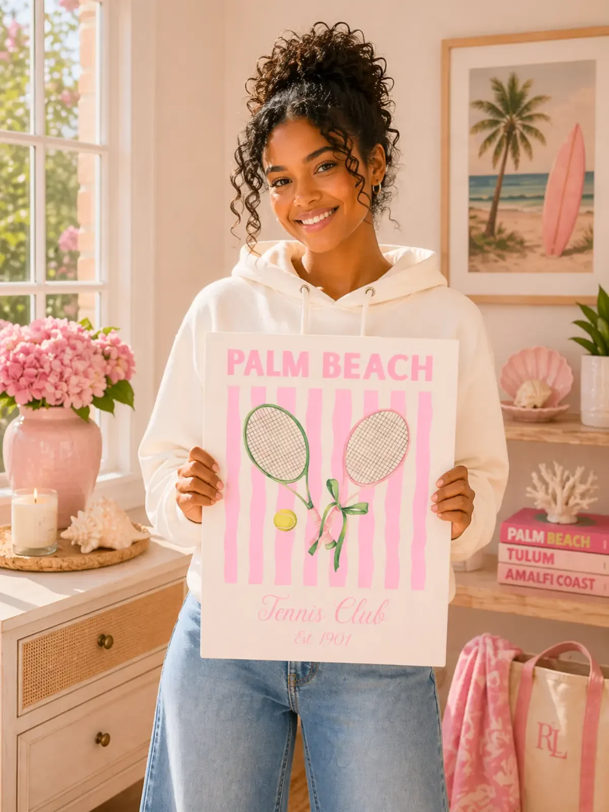 A smiling girl holds a Palm Beach Tennis Club canvas art print by Doodles and Saffron standing inside a decorated preppy room.