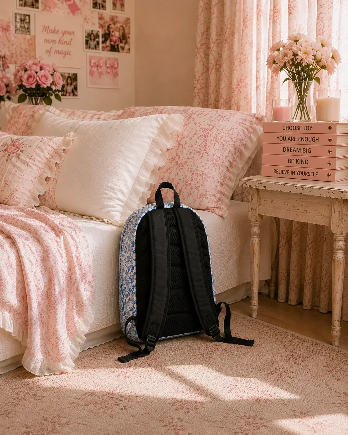 A close-up view of the back of a blue and white floral ditsy print backpack resting on the floor against a bed, highlighting its black padded straps and back panel.