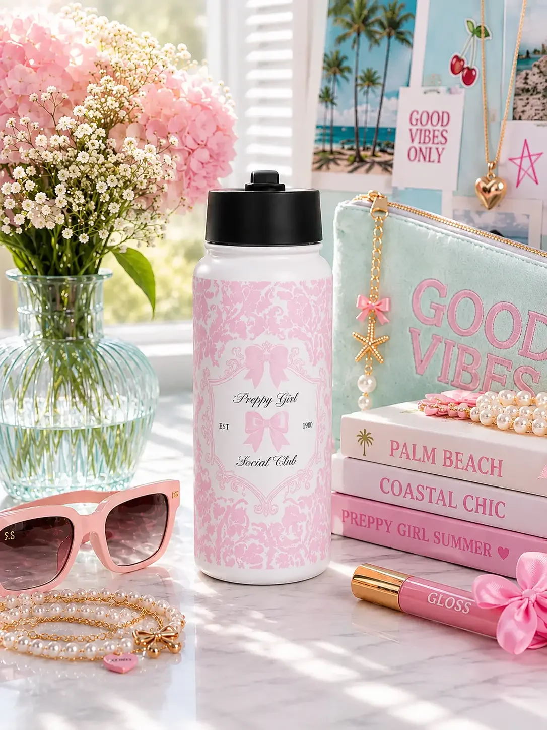 Pink Damask “Preppy Girl Social Club" Water Bottle
