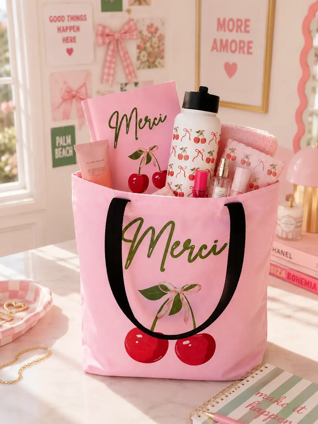 Pink Merci cherry tote bag packed with matching pink stationery, a cherry water bottle, and beauty products on a desk.