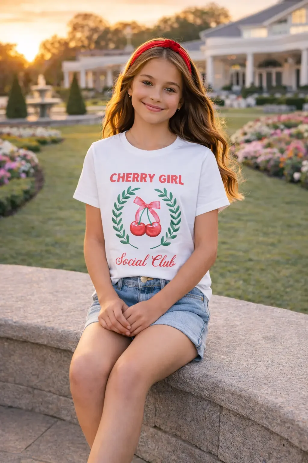Girls-white-cherry-girl-social-club-tee-sitting-bench.webp