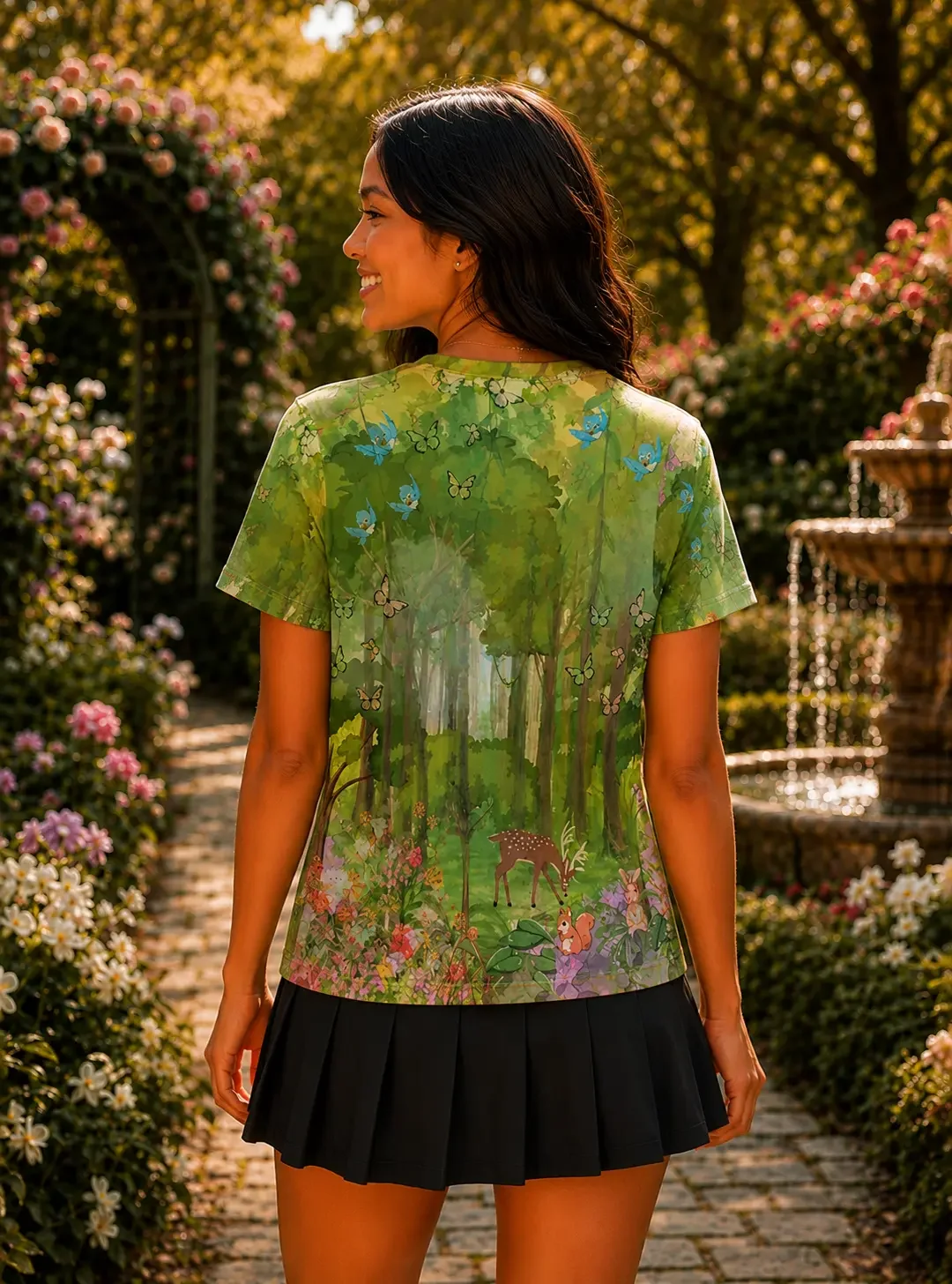 Woman in a back view profile wearing a green enchanted forest patterned t-shirt and a black pleated mini skirt.