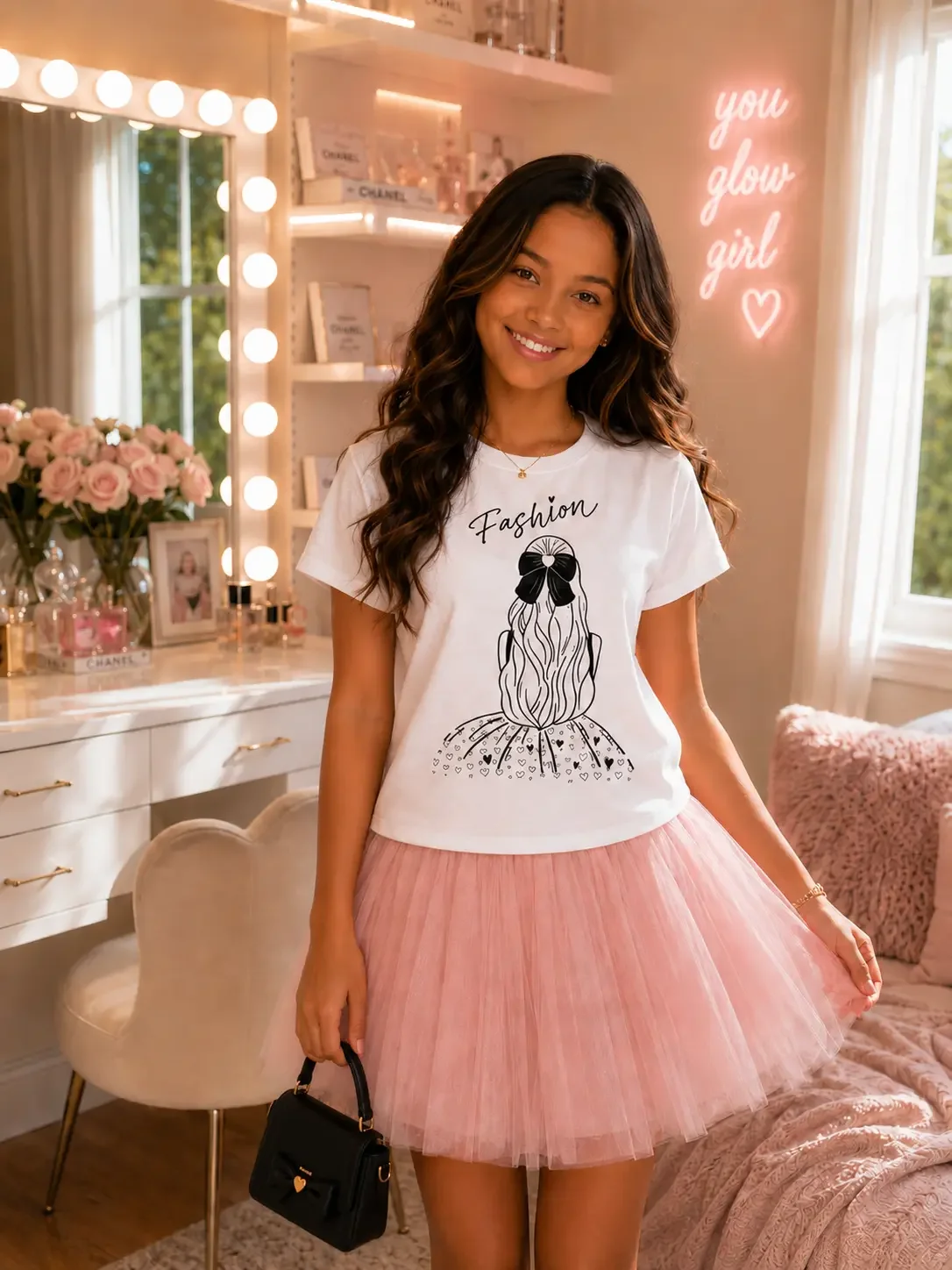 Girls Fashion Sketch Graphic Tee with Bow Detail