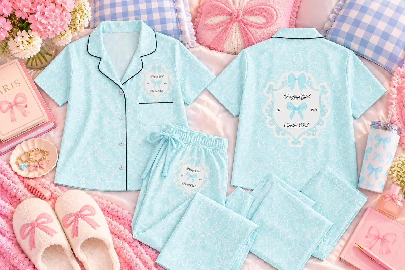 • Mint blue damask pajama set with black piping, a matching scrunchie, and Preppy Girl Social Club graphic embroidery.