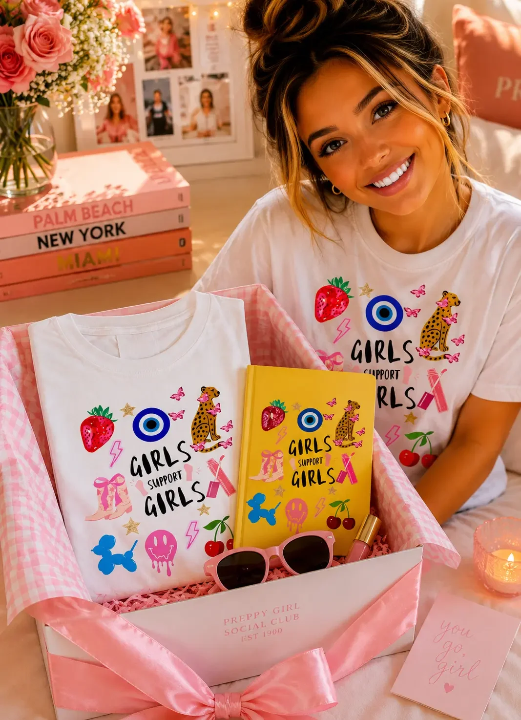 Smiling woman sitting with a Preppy Girl Social Club gift box containing a graphic t-shirt and matching notebook.