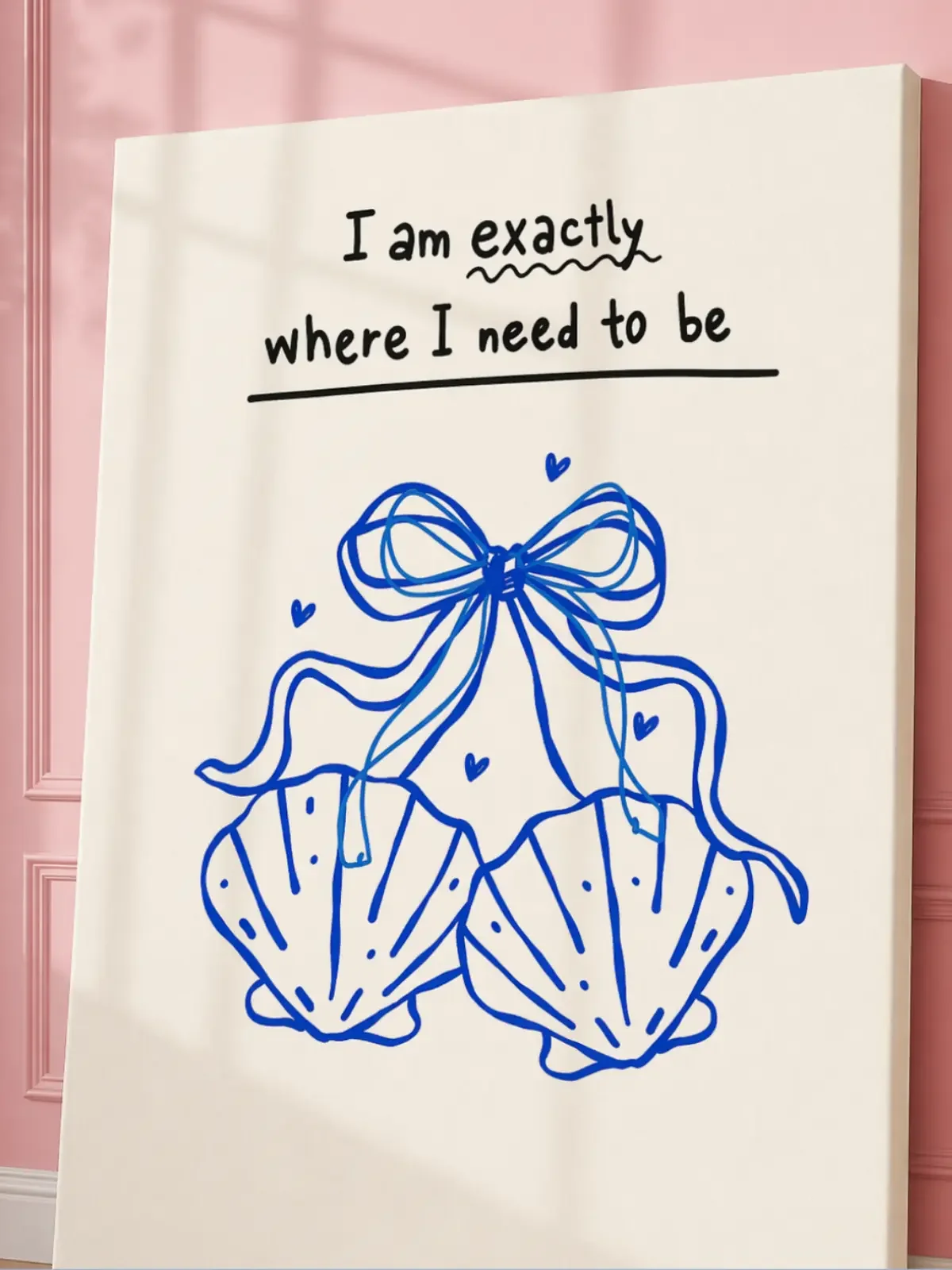 Close up view of the coastal blue seashell I Am Exactly Where I Need to Be canvas wall art print by Doodles and Saffron.