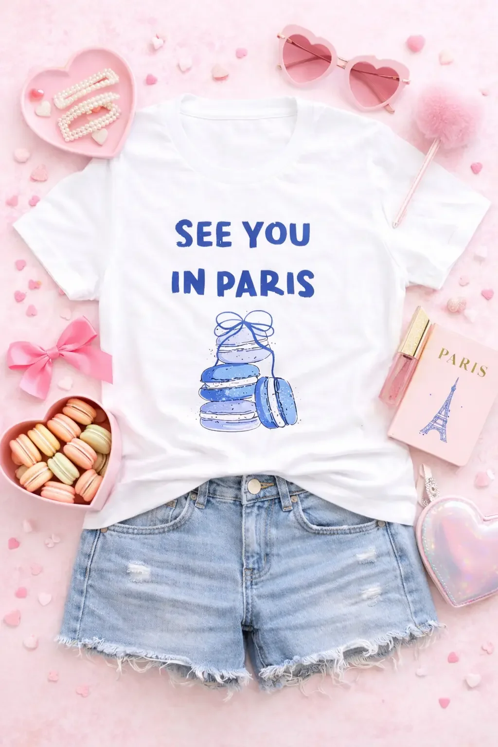 Flat lay of a white see you in paris graphic t-shirt styled with denim shorts pink heart sunglasses pearl hair clips macarons and an eiffel tower notebook.