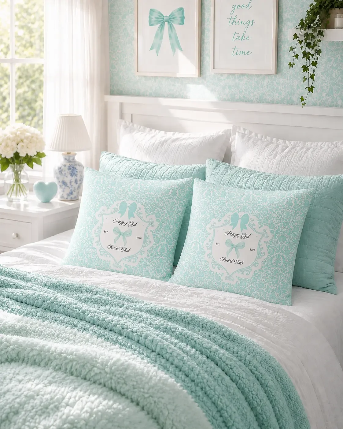 Two square mint green damask decorative pillows featuring a white crest logo and light blue bows on a cozy made bed.