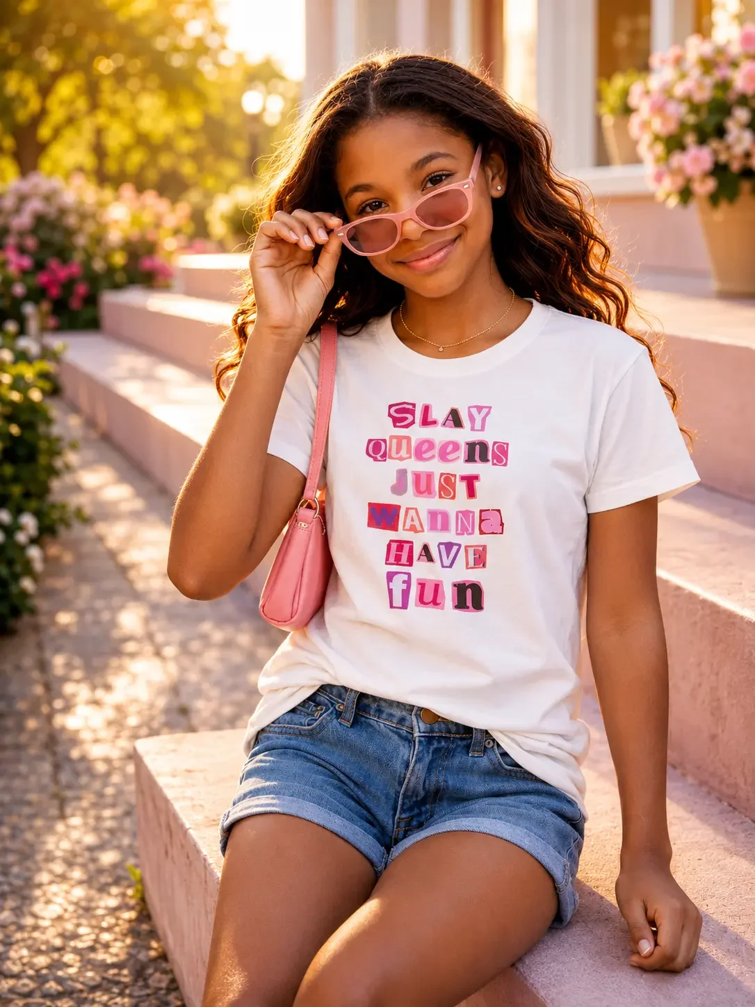 Girl sitting on steps wearing a white Slay Queens graphic tee, denim shorts, pink sunglasses, and a pink bag.
