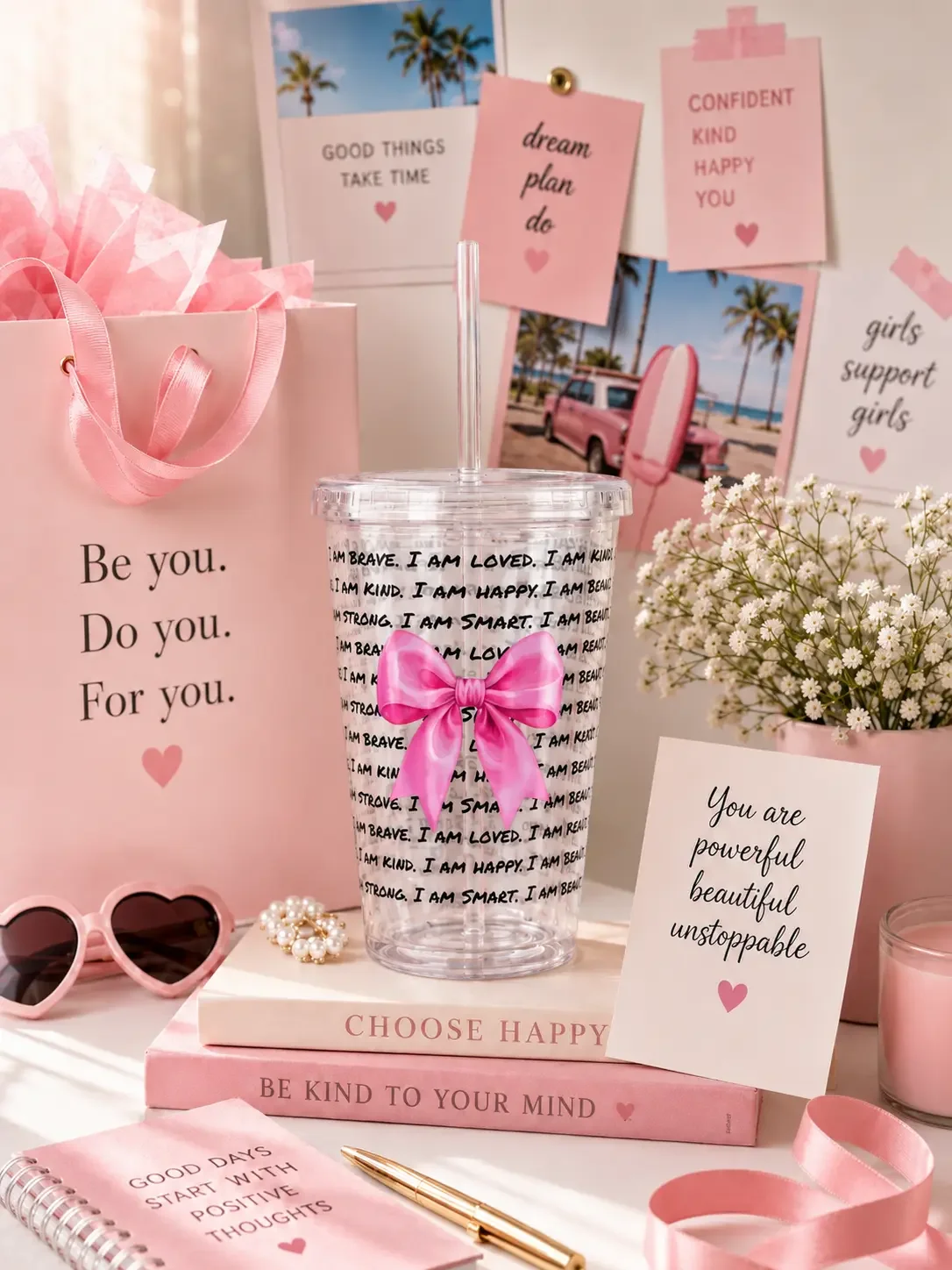 Preppy daily affirmation tumbler cup on a desk surrounded by motivational cards, pink books, and a matching gift bag.