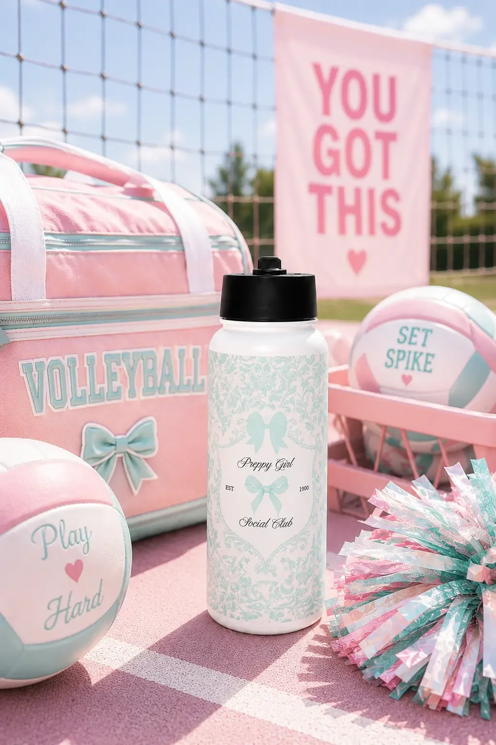 Preppy volleyball scene with a blue damask water bottle, pink sports bag, pastel volleyballs, and a cheerleader pom-pom.