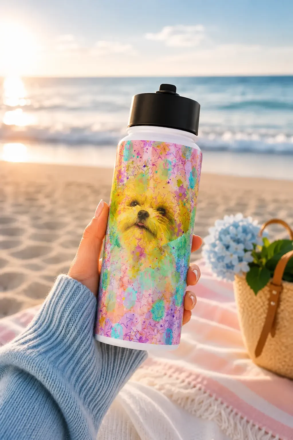 A hand holds a colorful puppy print water bottle on a beach at sunset, near a pink towel and straw basket.