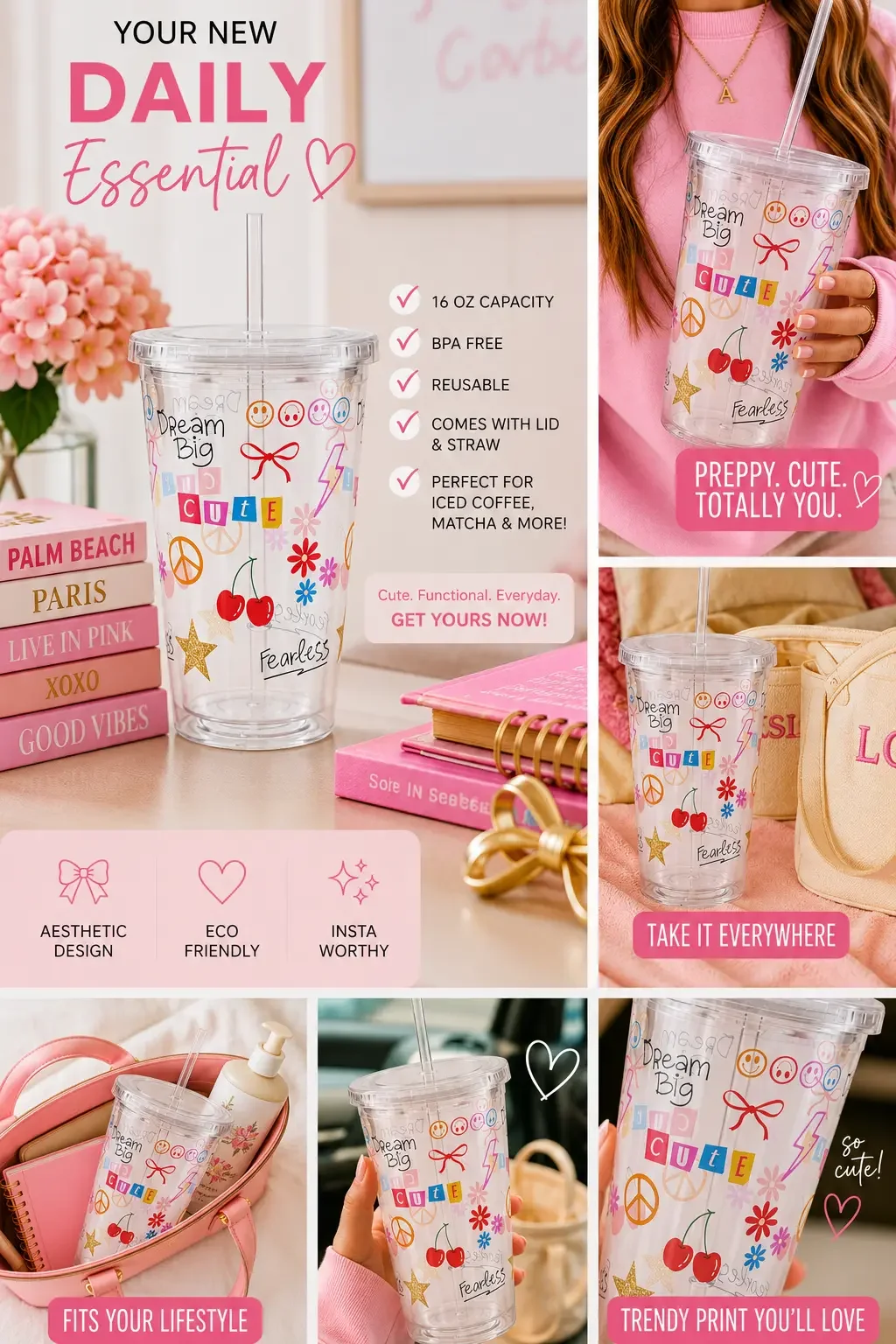 An infographic layout showcasing a 16 oz clear tumbler with preppy Y2K doodle stickers surrounded by pink desk accessories.