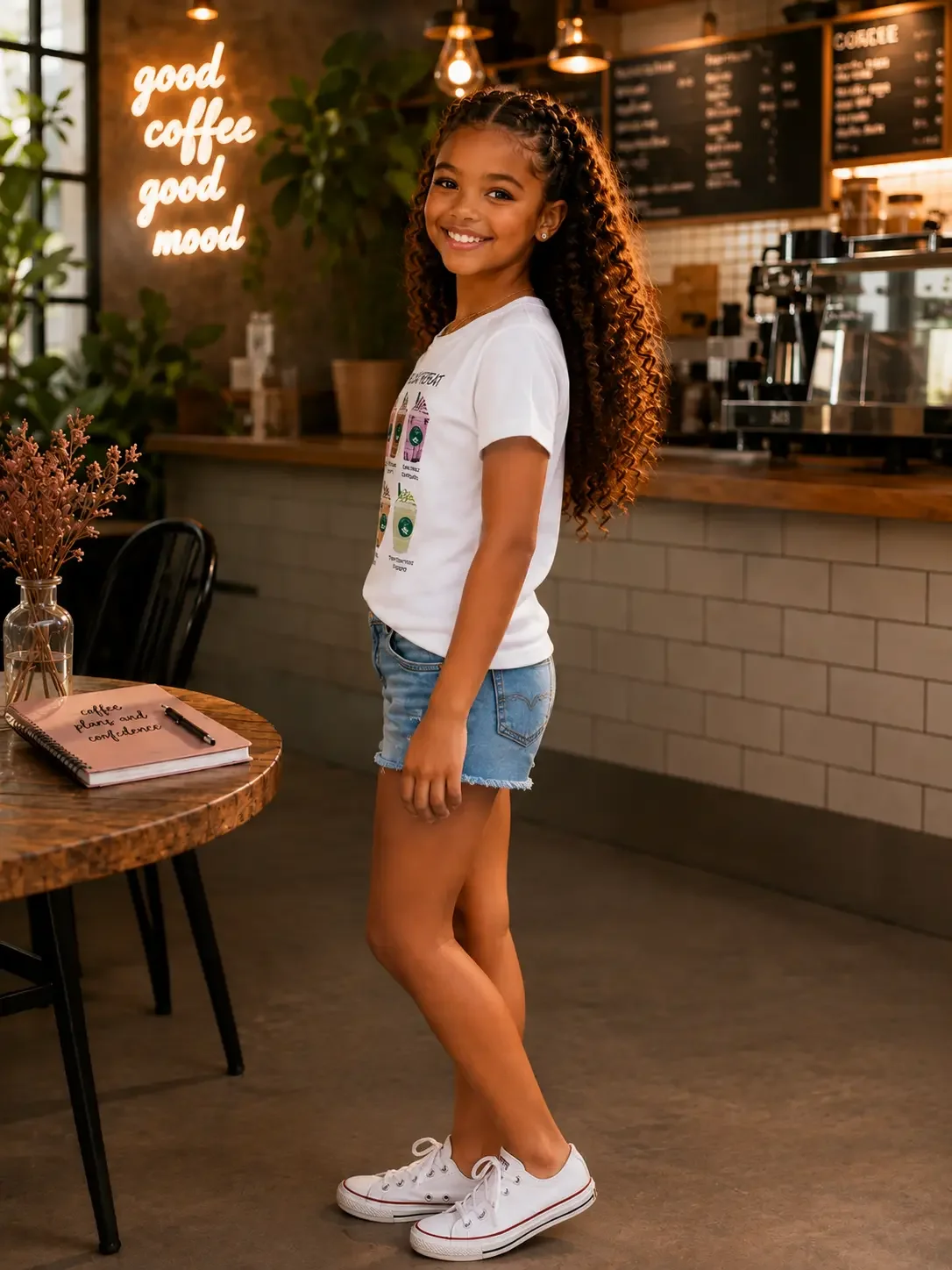 Side profile of a smiling young woman in a coffee shop wearing a white graphic tee, denim shorts, and white sneakers.