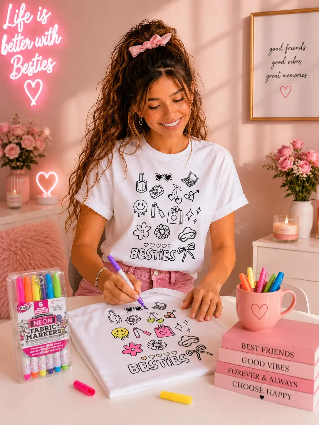 Woman coloring a white graphic Besties t-shirt with Tulip neon fabric markers at a pink bedroom desk.