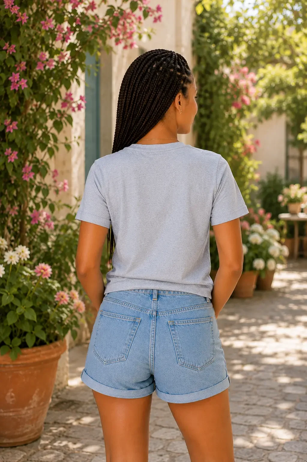 Back view of a woman with long braids standing in a floral courtyard wearing a plain grey short-sleeve t-shirt and cuffed denim shorts.