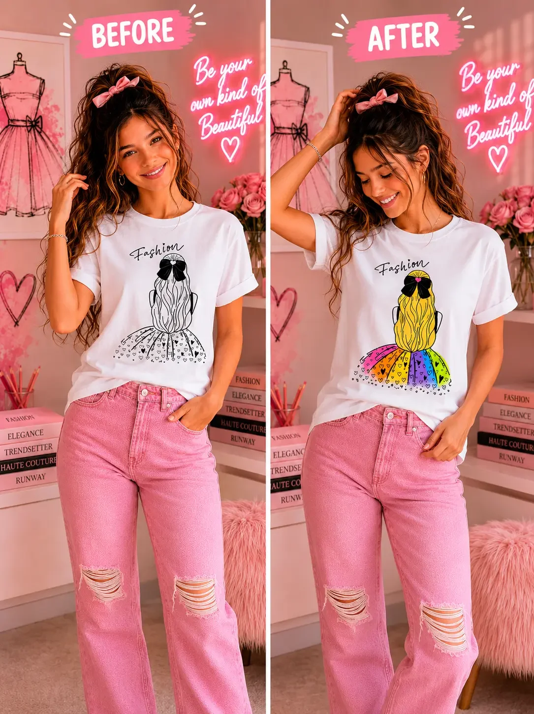 Side-by-side comparison of a fashion girl sketch tee changing from black and white outline to vibrant neon colors.