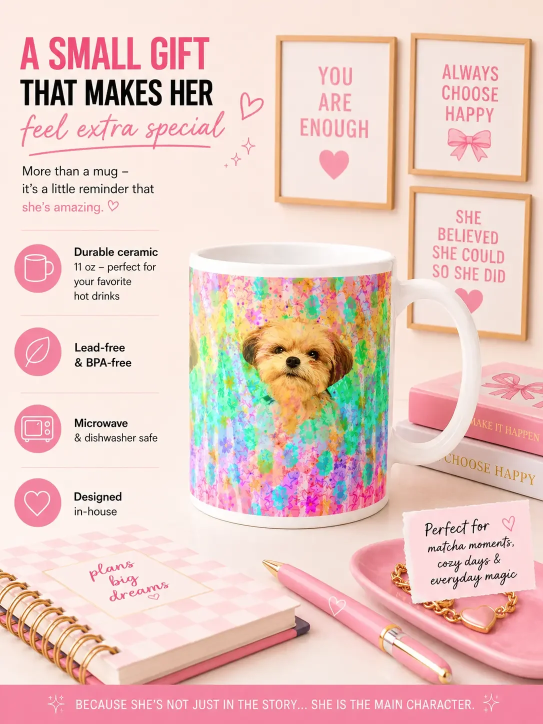 Yorkie dog ceramic mug infographic highlighting product features next to inspirational wall frames.