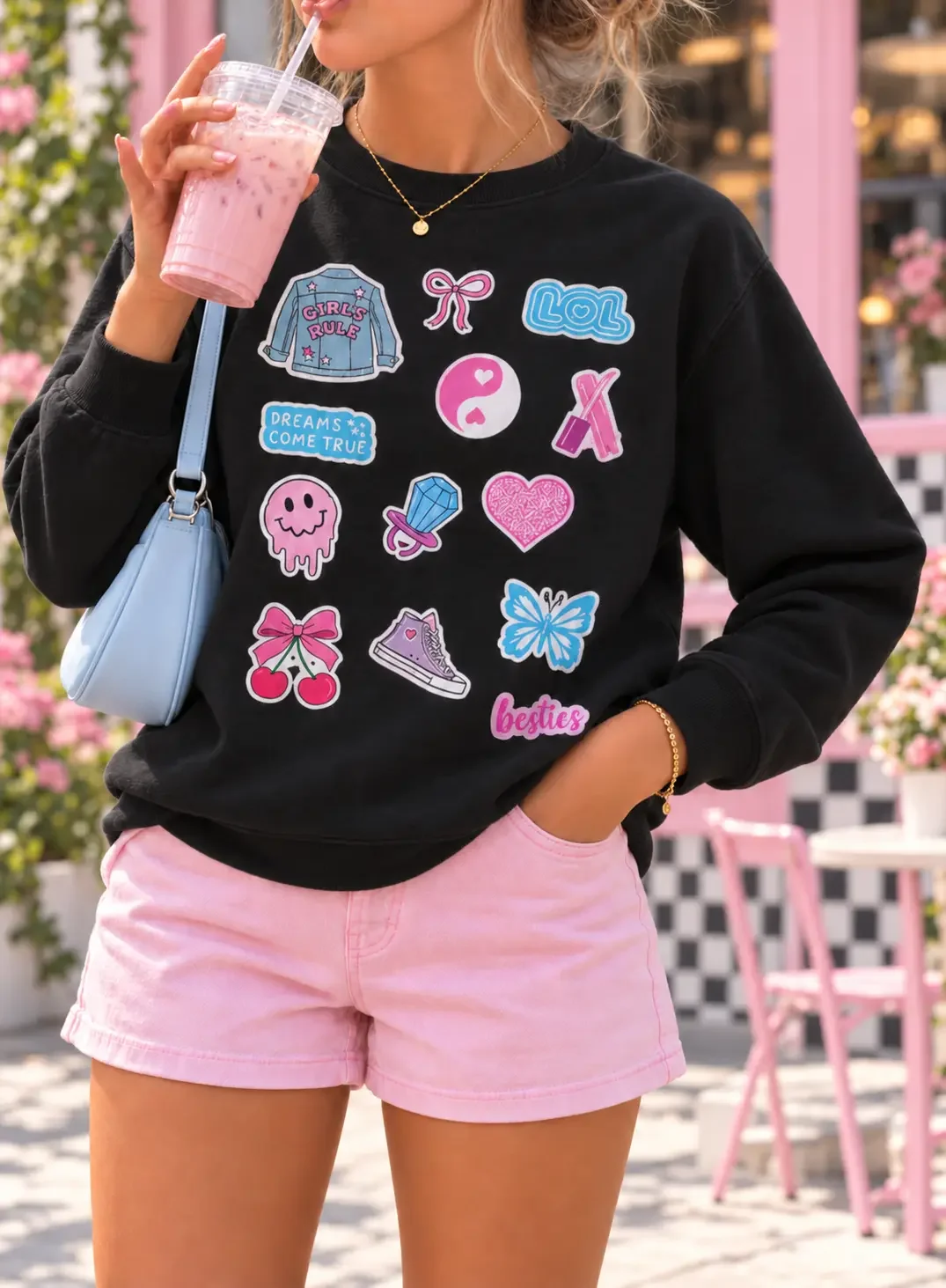 • Close-up of a black crewneck sweatshirt with colorful coquette graphic patches, paired with light pink denim shorts.