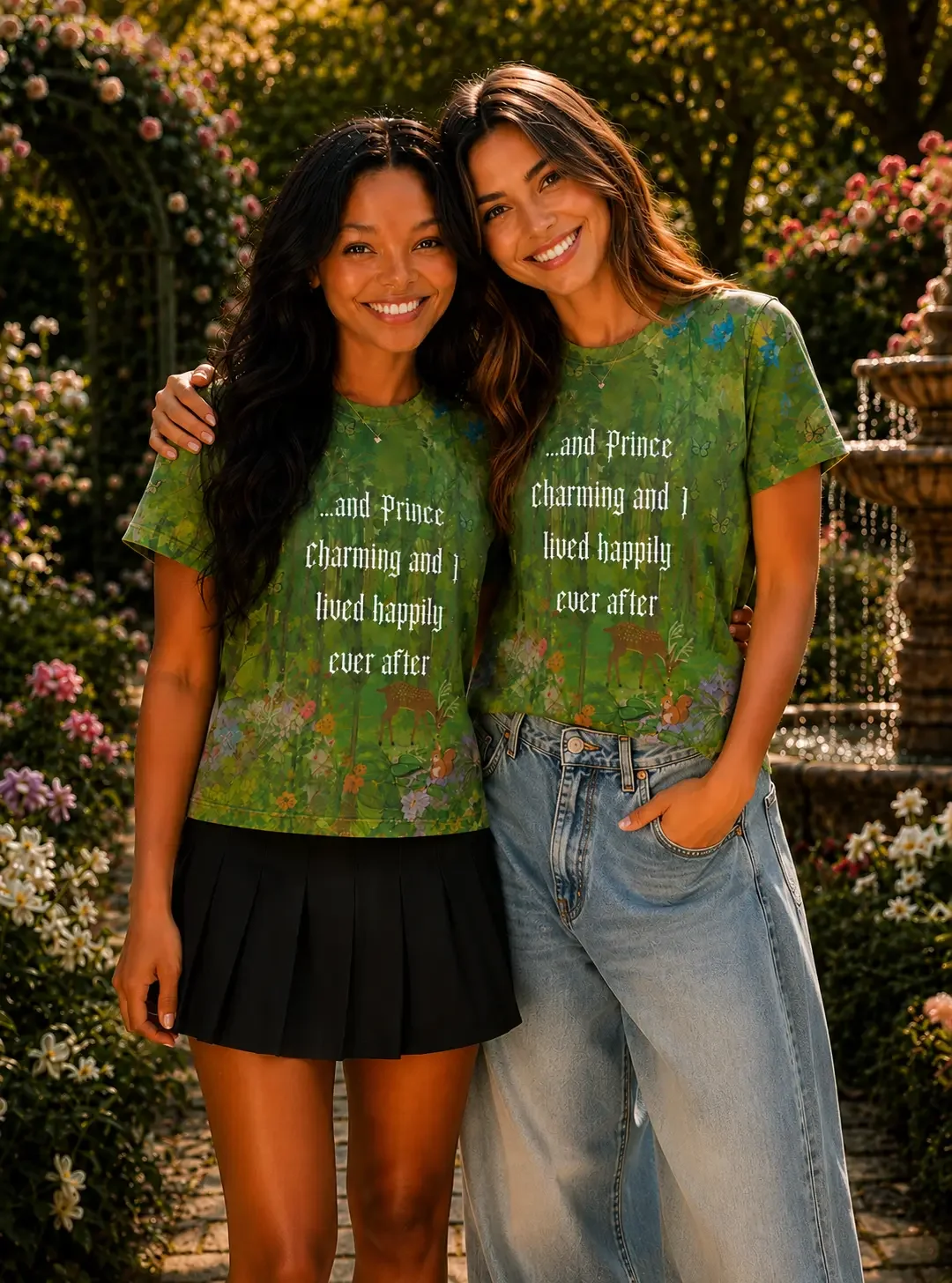 Flatlay of a green enchanted forest t-shirt, black pleated skirt, patterned high-top sneakers, and matching scrunchie.