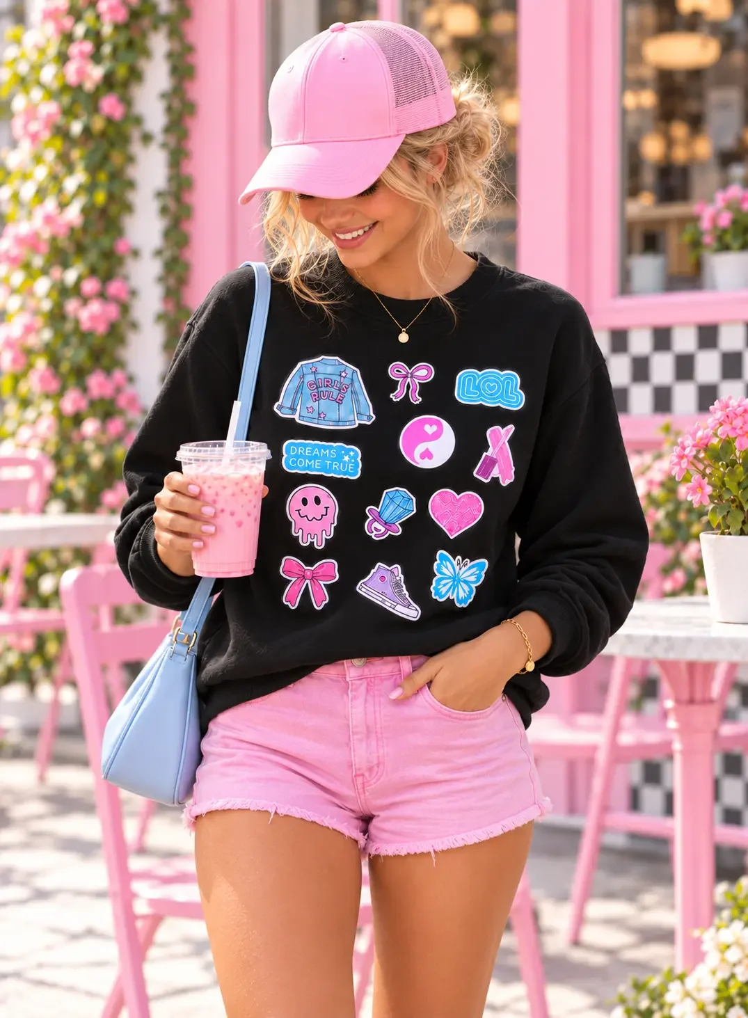 • Smiling woman wearing a black sweatshirt with colorful graphic patches, pink denim shorts, and a pink trucker hat.