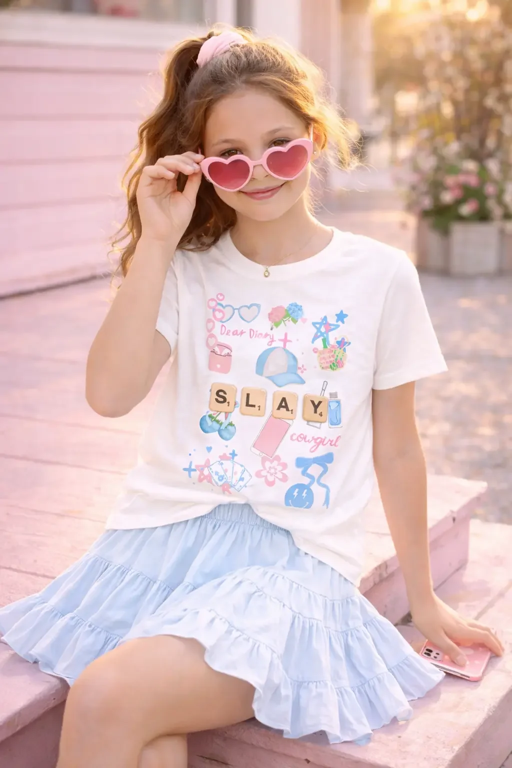 Young girl smiling while sitting on pink wooden steps wearing a white "SLAY" doodle icon t-shirt, light blue ruffled tiered skort, and adjusting pink heart-shaped sunglasses.