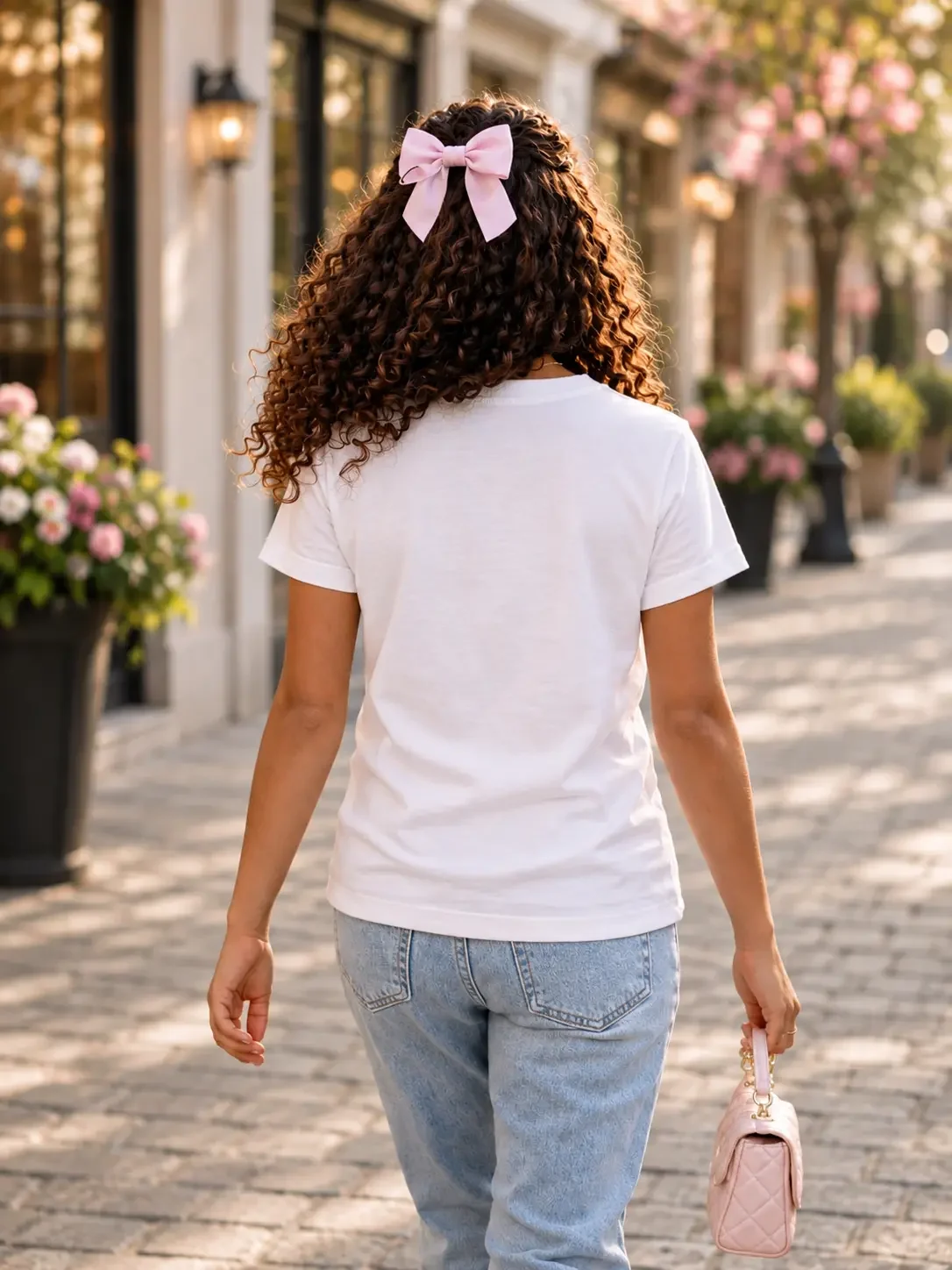 Back view of a girl with long curly hair wearing a pink bow hair clip, white t-shirt, and light wash jeans.