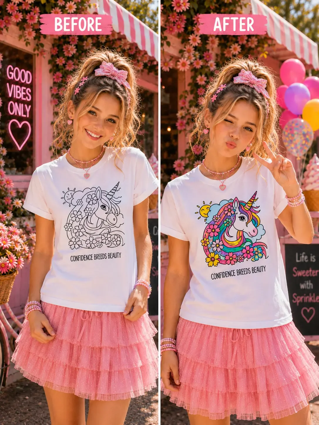 Side-by-side comparison of a unicorn sketch tee changing from black and white outline to vibrant colors outside a shop.