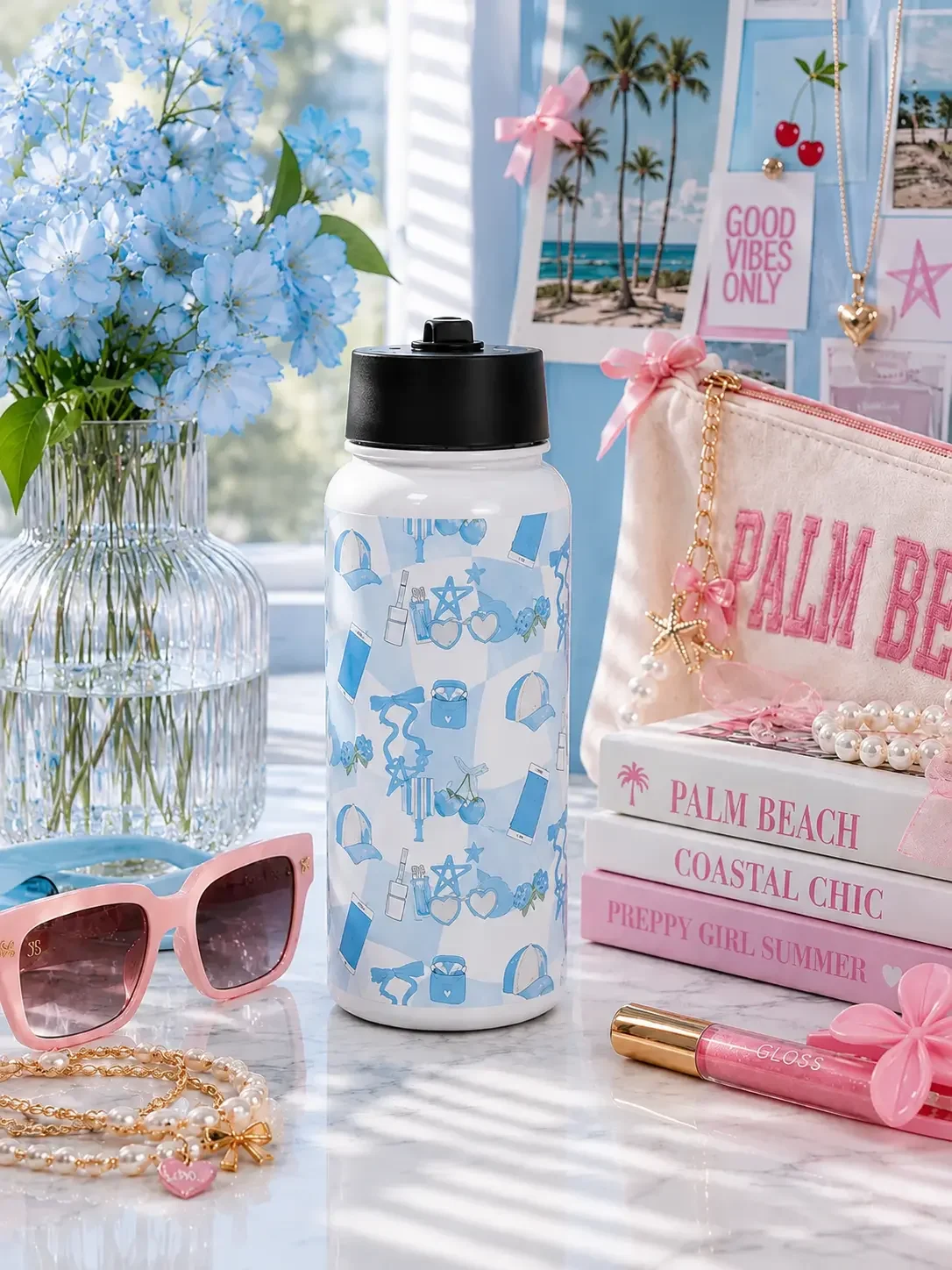 Slay Checkered Blue Preppy Water Bottle