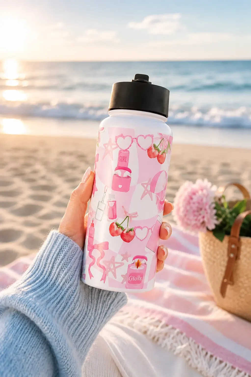 Hand holding a pink coquette-themed water bottle on a sandy beach next to a striped towel and pink flowers.