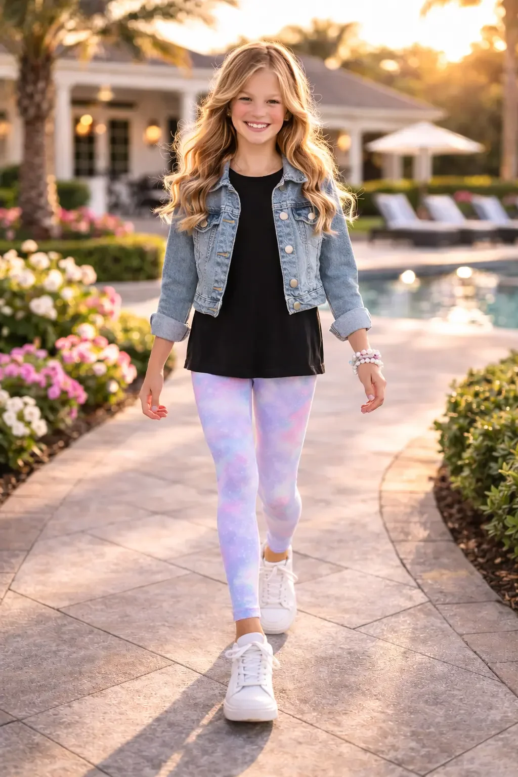 Front view of girls full-length athletic leggings featuring a pastel purple and pink tie-dye galaxy star pattern, paired with a black t-shirt and denim jacket.