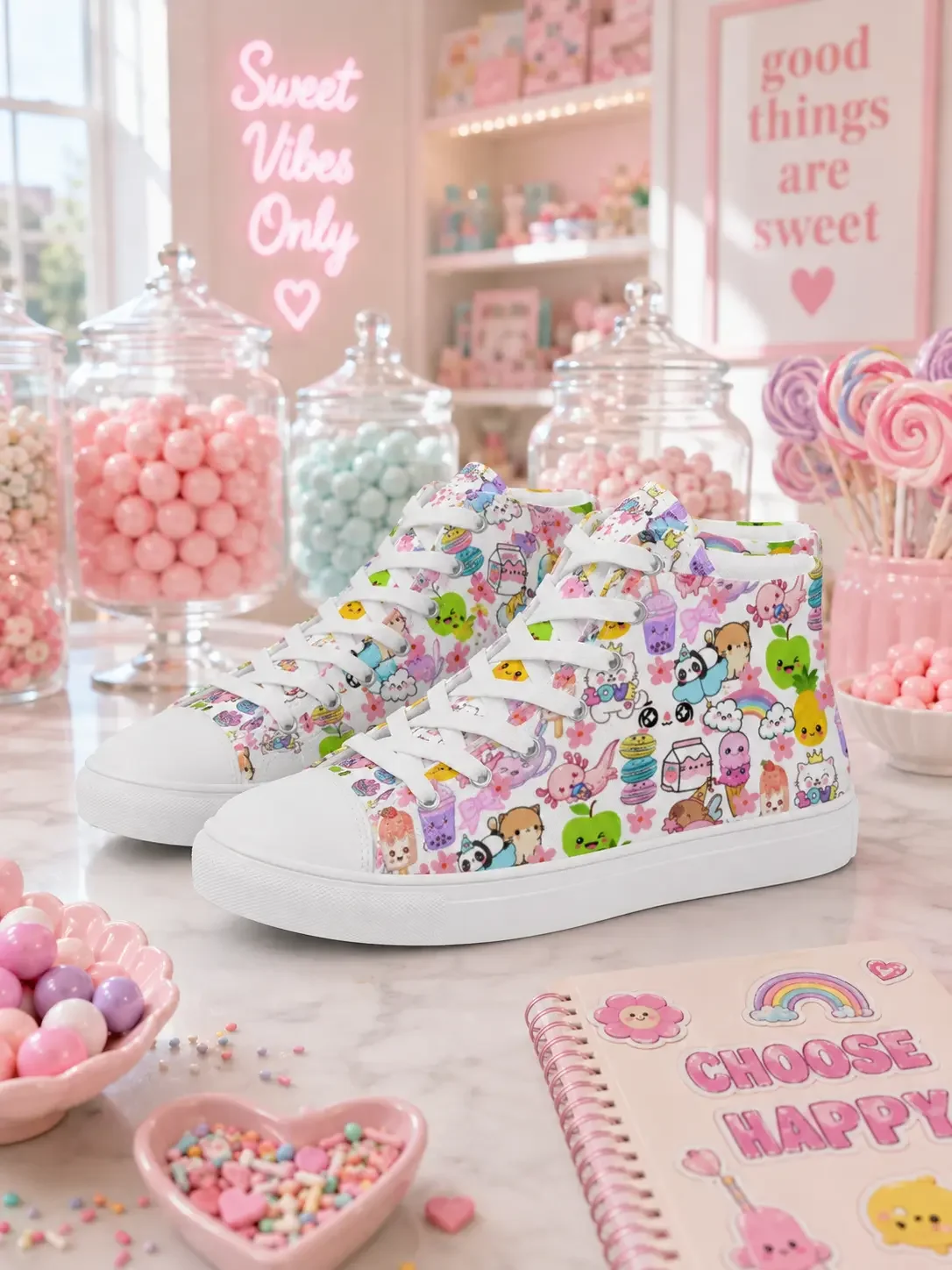 Pair of white high-top canvas sneakers with a colorful cartoon character pattern displayed on a table in a pink candy shop.