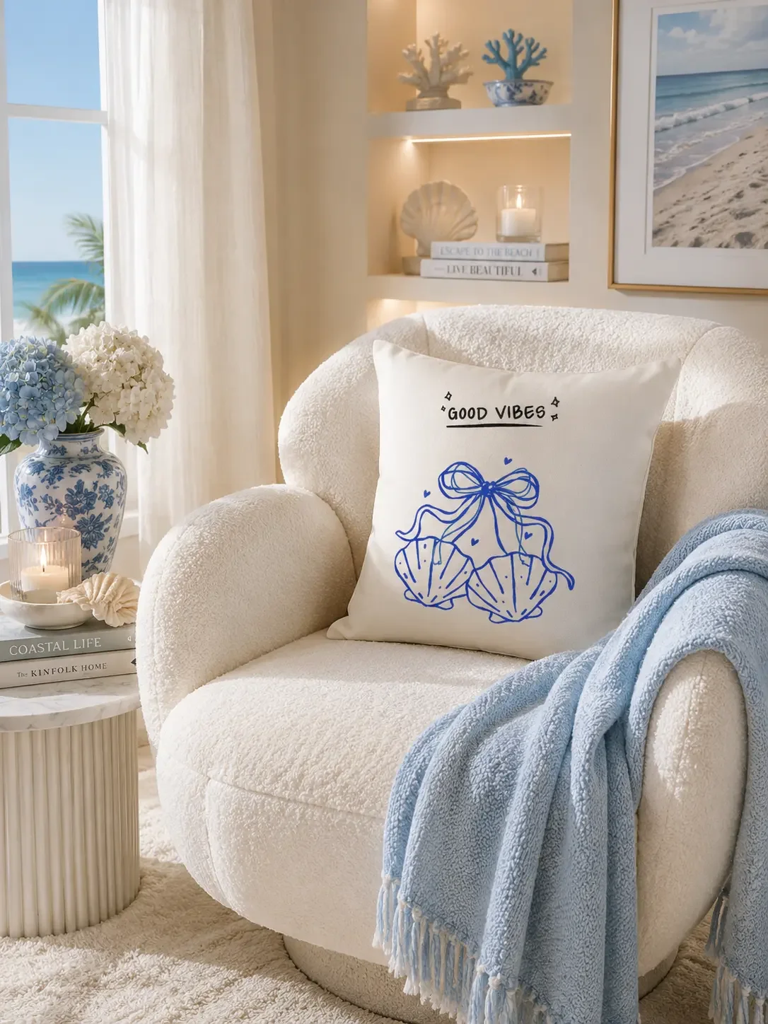 A white square decorative pillow printed with blue line art seashells and a coquette ribbon bow resting on a cozy cream swivel chair.