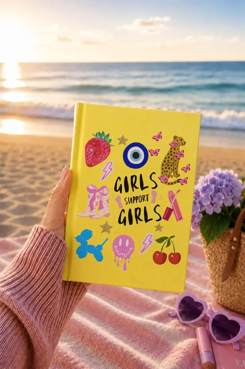 A hand holding a bright yellow "Girls Support Girls" notebook with preppy doodles on a beach blanket at sunset.