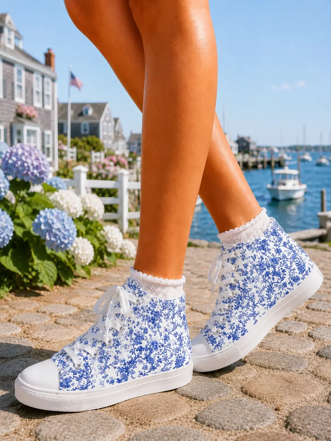 Blue Toile Floral High Top Sneakers