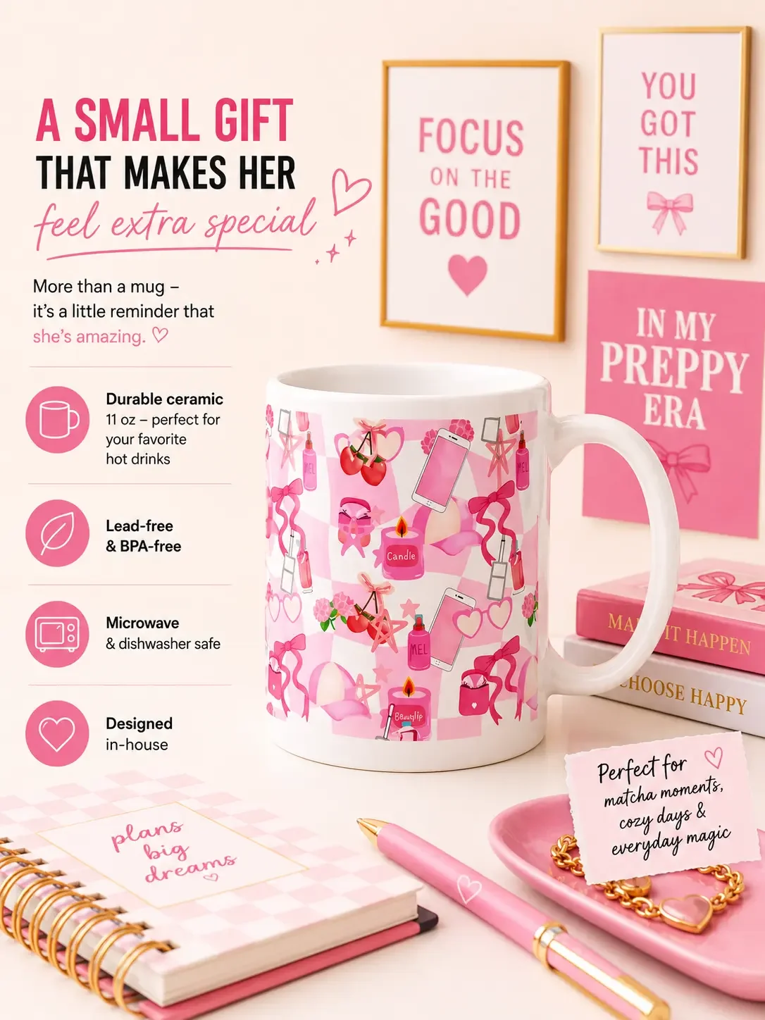 Pink coquette preppy mug infographic highlighting ceramic, microwave safe features next to inspirational desk signs.