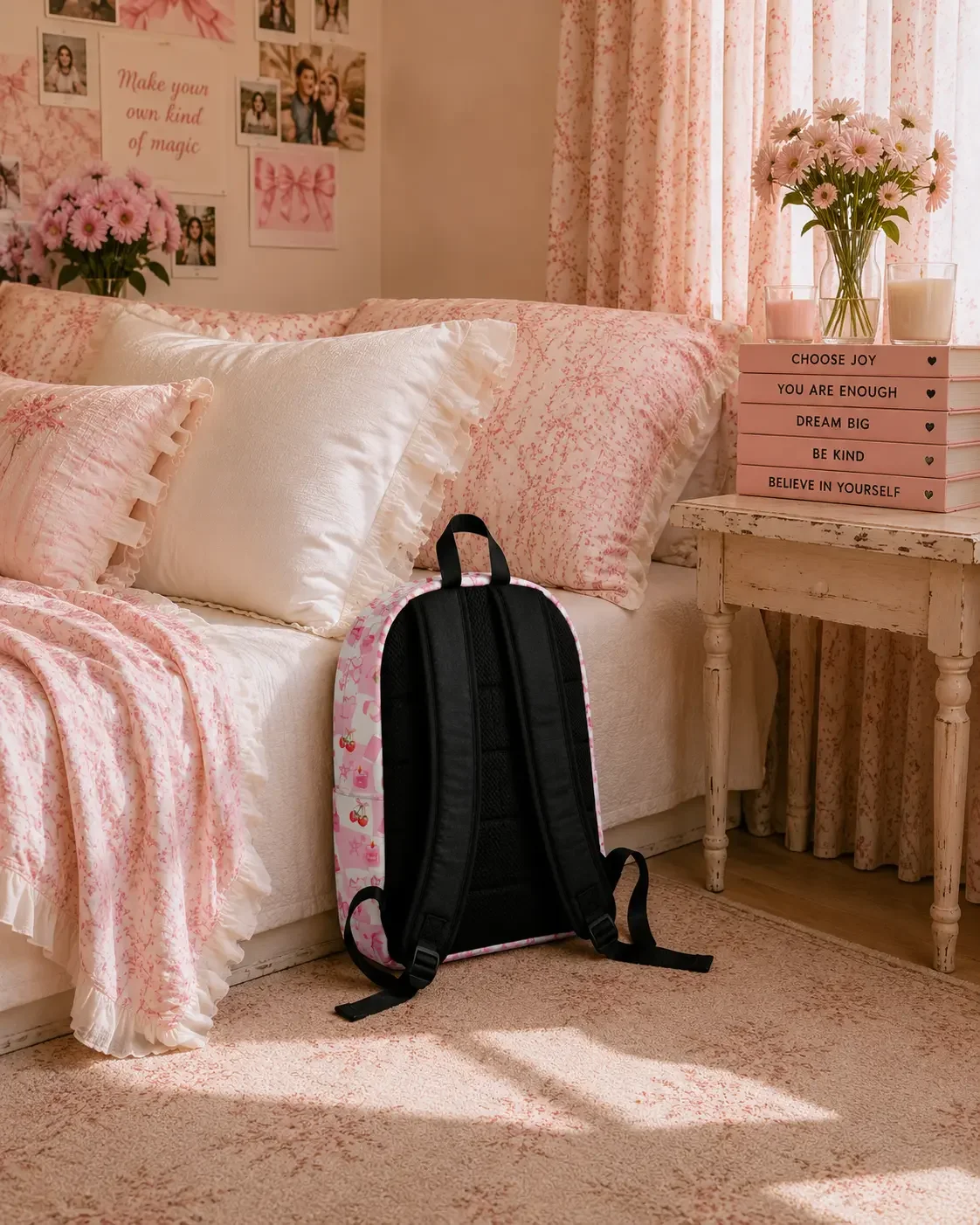 A close-up view of the back of a pink and white checkered doodle print backpack resting on the floor against a bed, highlighting its black padded straps and back panel.