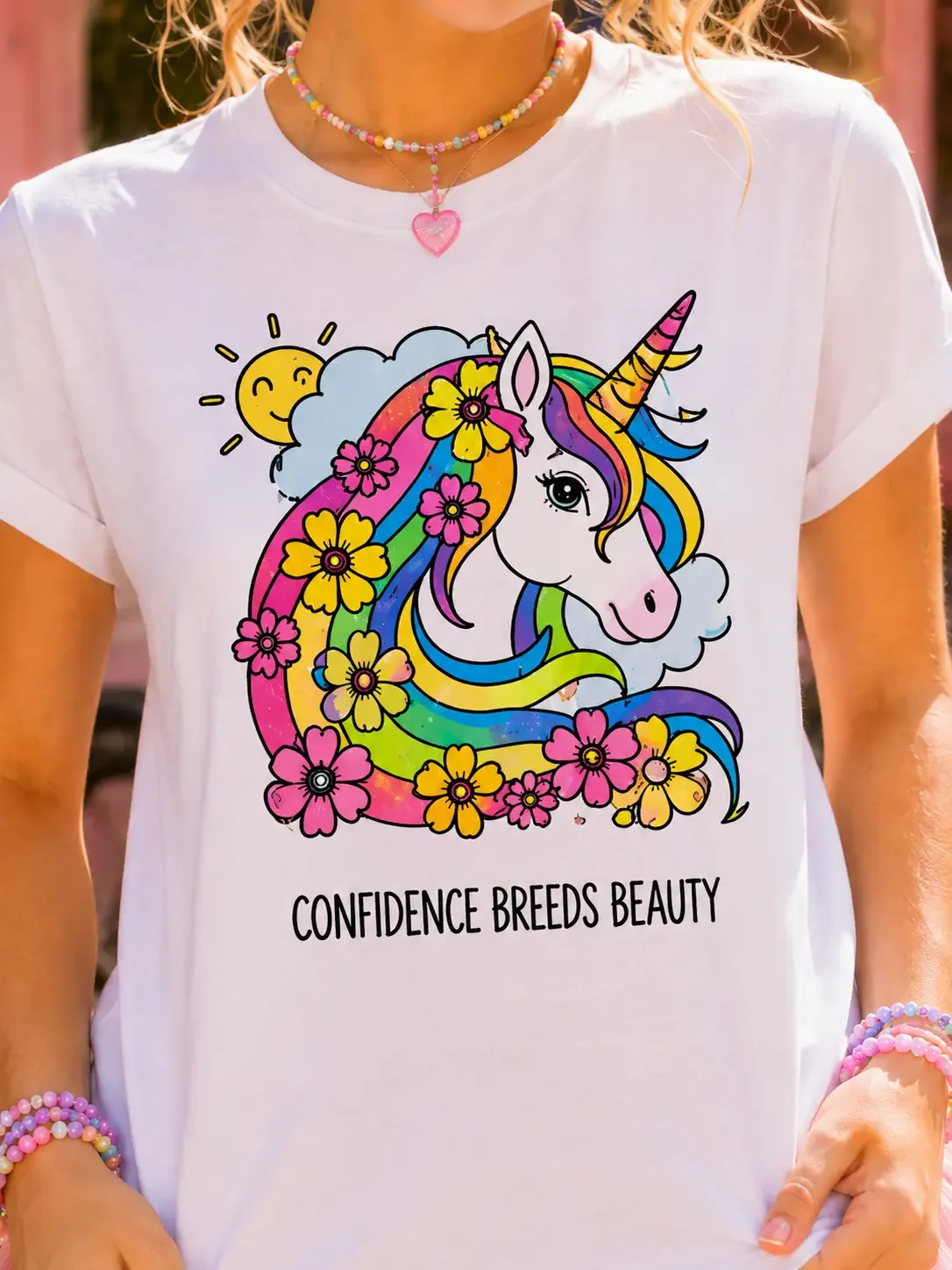 Detailed close-up of a white graphic tee featuring a colored unicorn sketch design with motivational text.