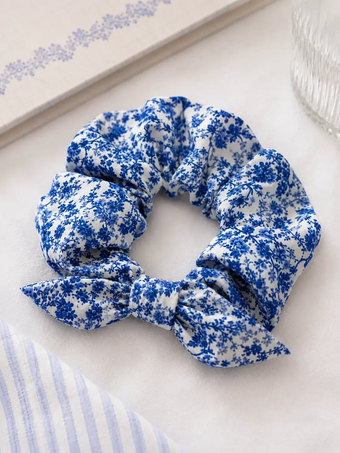 Blue Toile de Jouy Floral Bow Scrunchie