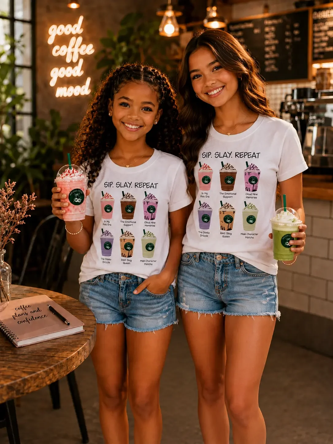 Two smiling friends in a cafe wearing matching white Sip Slay Repeat graphic t-shirts and denim shorts.