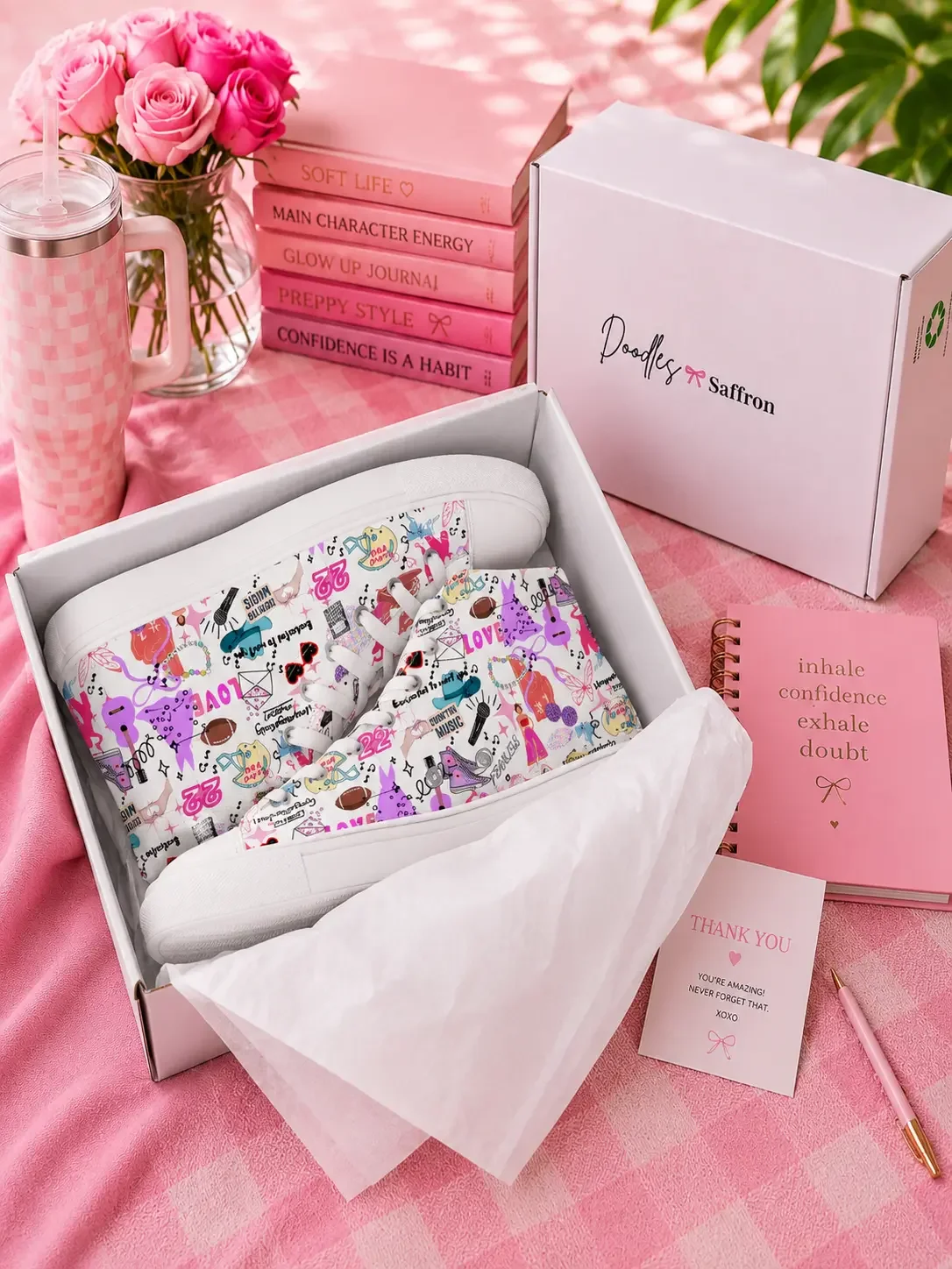 White high-top canvas sneakers with a colorful music doodle pattern inside a shipping box surrounded by pink preppy accessories.