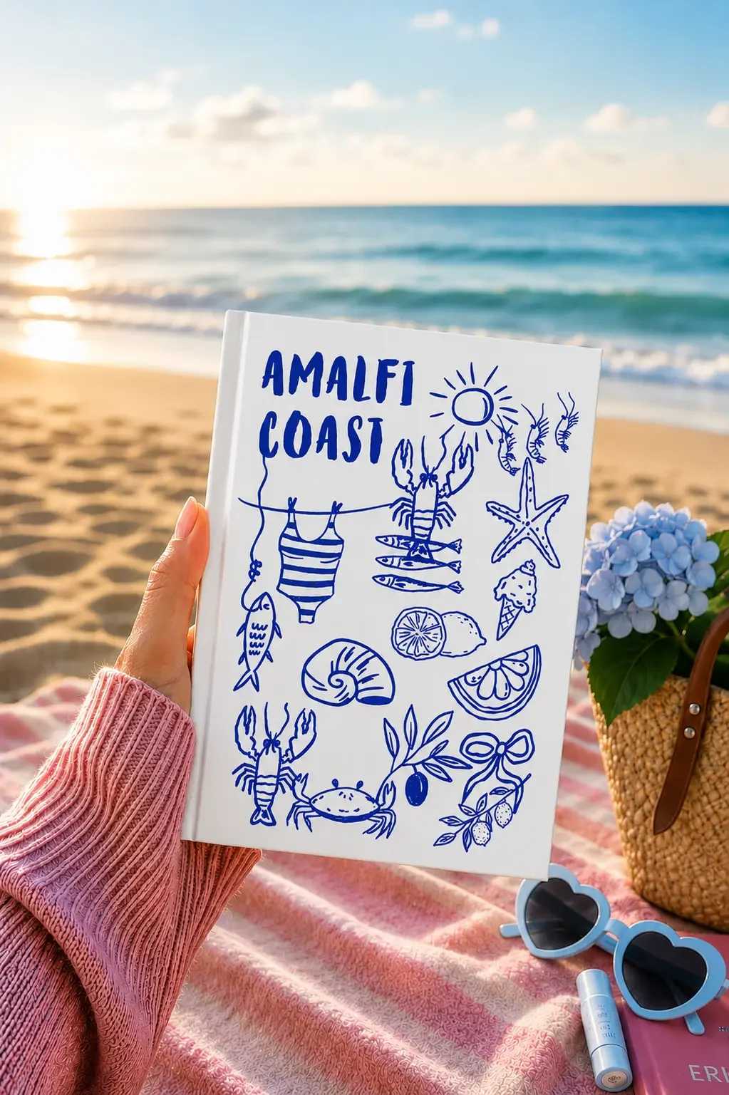 A hand holding a white "Amalfi Coast" notebook with blue Mediterranean sketches on a beach blanket at sunset.
